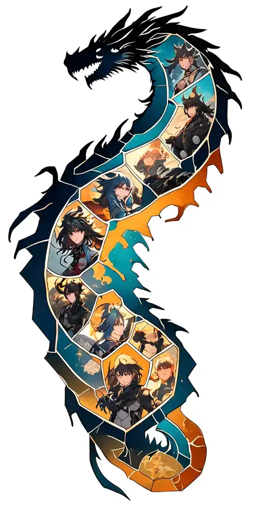 Hexagon sleeve tattoo with each cell showing a diffrent anime character or symbol, forming a dragon silhouette from afar tattoo design idea