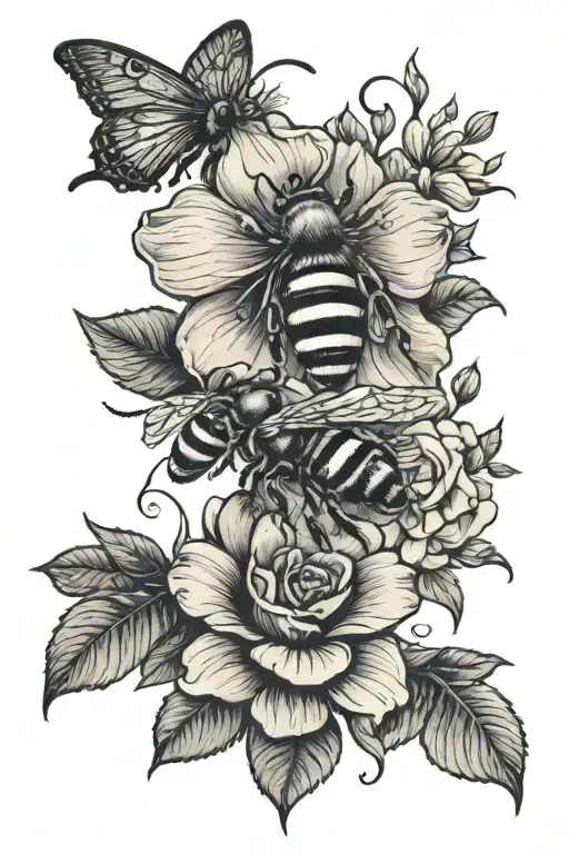 honeybee and roses mayflowers hibiscus tattoo design idea
