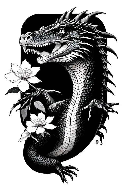 komodo dragon from above with cherry blossoms tattoo design idea