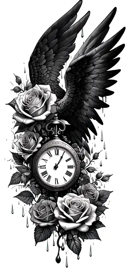 roses blooming, angel wings, clock surrounded my rain tattoo design idea