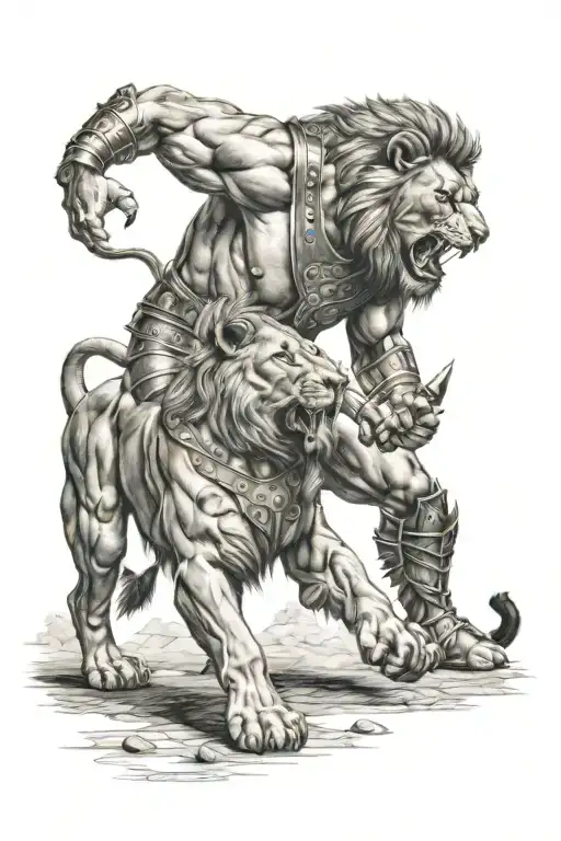 Lion and gladiator fighting tattoo design idea