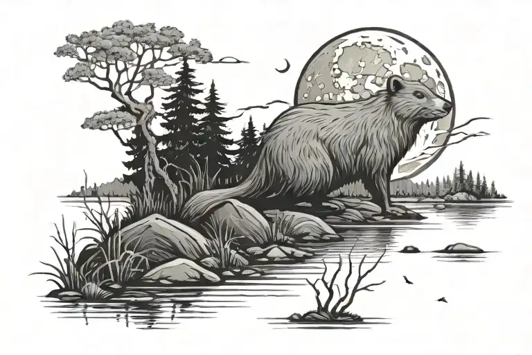 forest with a river and beaver building a dam and a large bright moon tattoo design idea