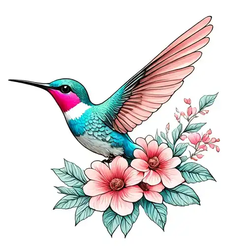 train with humming bird with flowers tattoo design idea