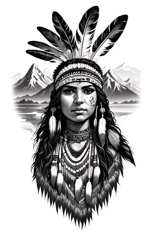 female native american woman with feather in her hair above a mountain scene tattoo design idea