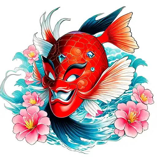 red hanya mask, background with diamond blue colored fish and pink cherry flowers and a lot of black tattoo design idea