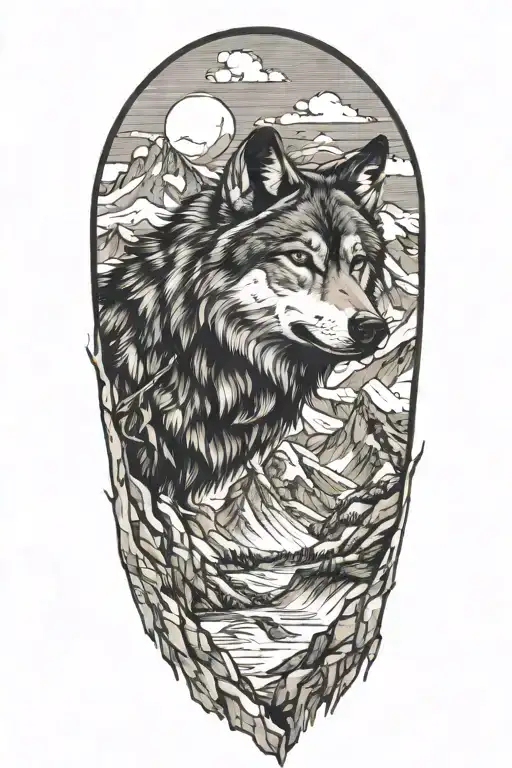 mountain range with wolf head tattoo design idea