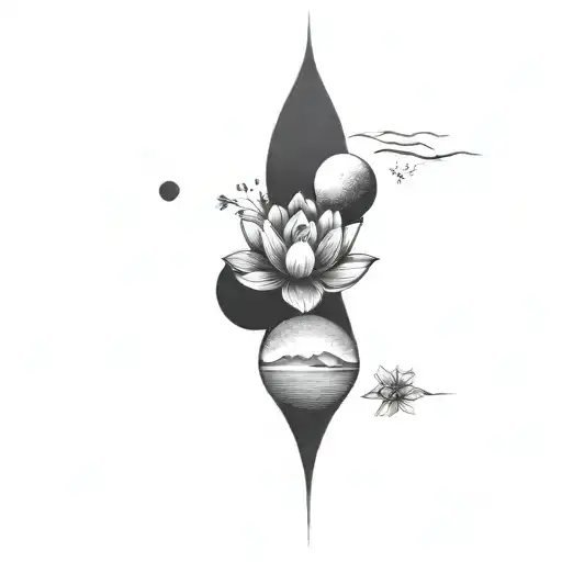 Sunrise, creseant moon phases, lotus flower tattoo design idea