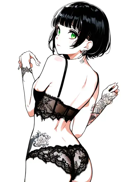 petit girl, small boobs, big ass, black hair, green eyes, short, back view, head turned, anime, lace bra, lace panties tattoo design idea
