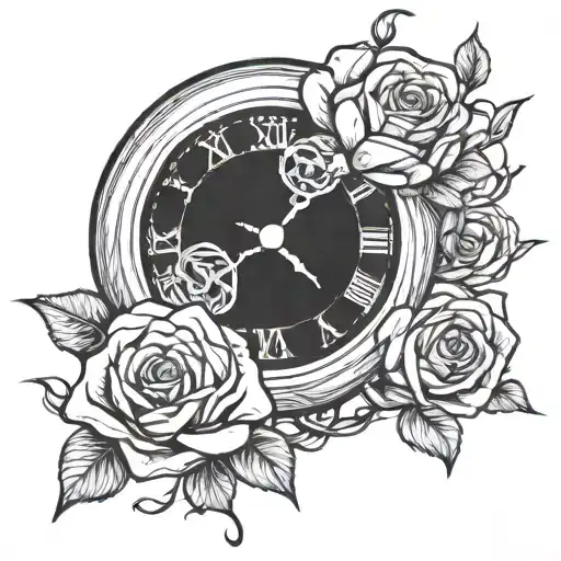 analog clock with rose intertwined tattoo design idea