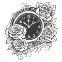 analog clock with rose intertwined tattoo design idea