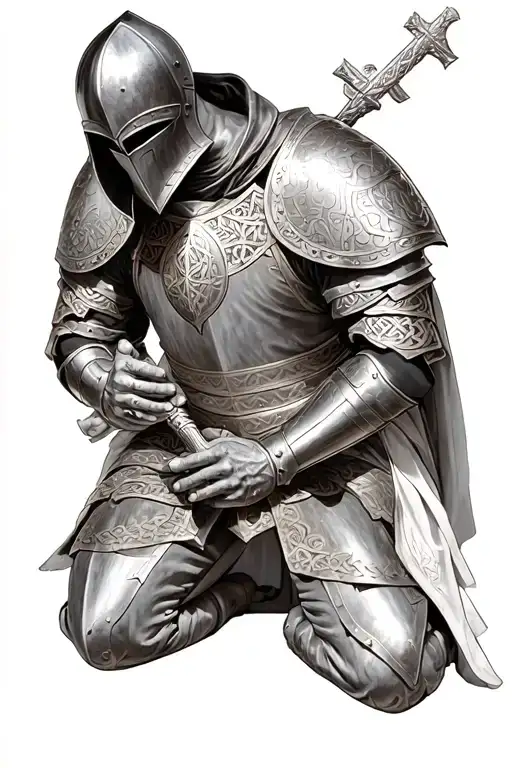 Templar knight kneeling praying celtic armor tattoo design idea