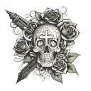 Undead writing with roses, bullets, cross and money in the back. tattoo design idea