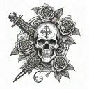 Undead writing with roses, bullets, cross and money in the back. tattoo design idea