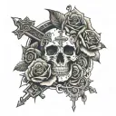 Undead writing with roses, bullets, cross and money in the back. tattoo design idea