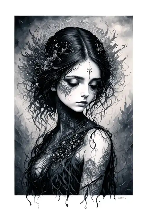 solemn, mysterious sensual feminine figure— of forgotten places and memories, embodies sorrow, stillness, cover in fog tattoo design idea