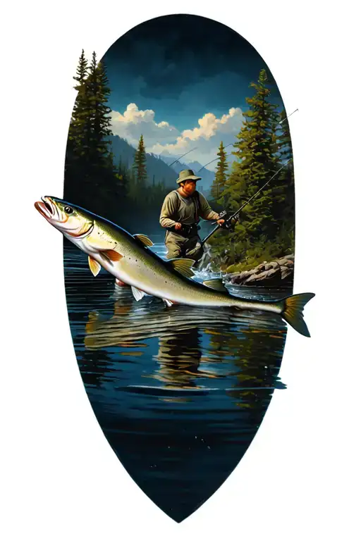 fishing scene with steelhead trout and silloutted fishermen tattoo design idea