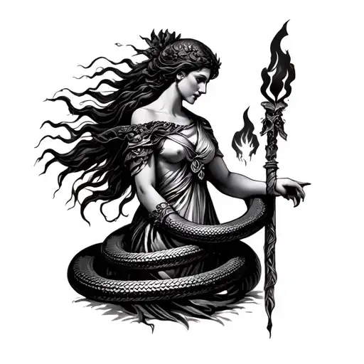 Greek goddess Hecate, hounds, snake, torches, dark, powerful tattoo design idea