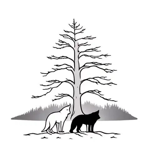 cedar tree with 2 wolfs body shaped like tattoo design idea