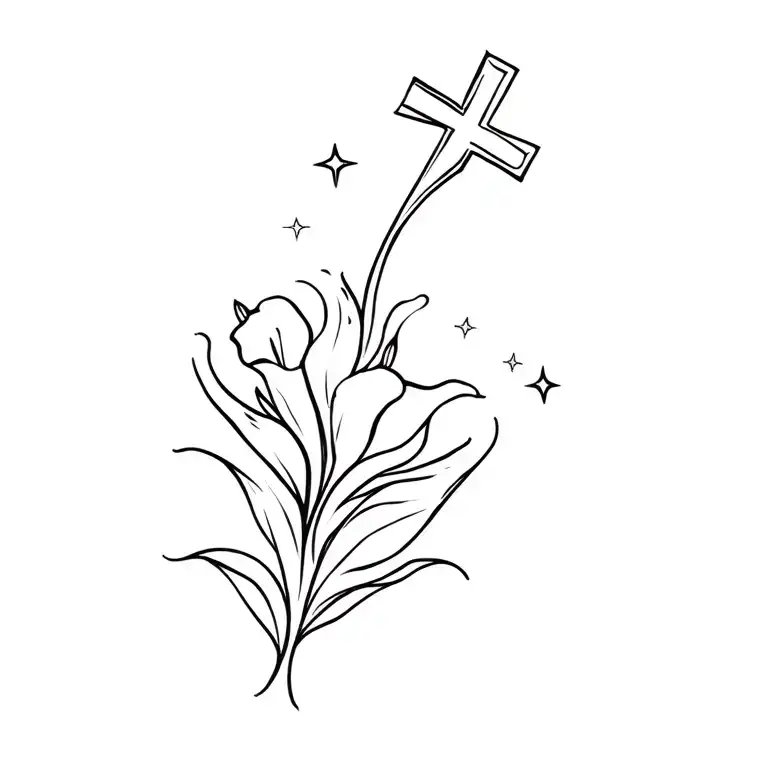 Name jesus jarquin rios with a cross calla lily flowers and stars small and simple  tattoo design idea