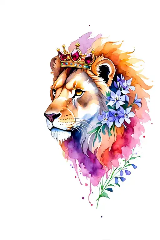 lion with ruby crown and larkspur flower blooming tattoo design idea