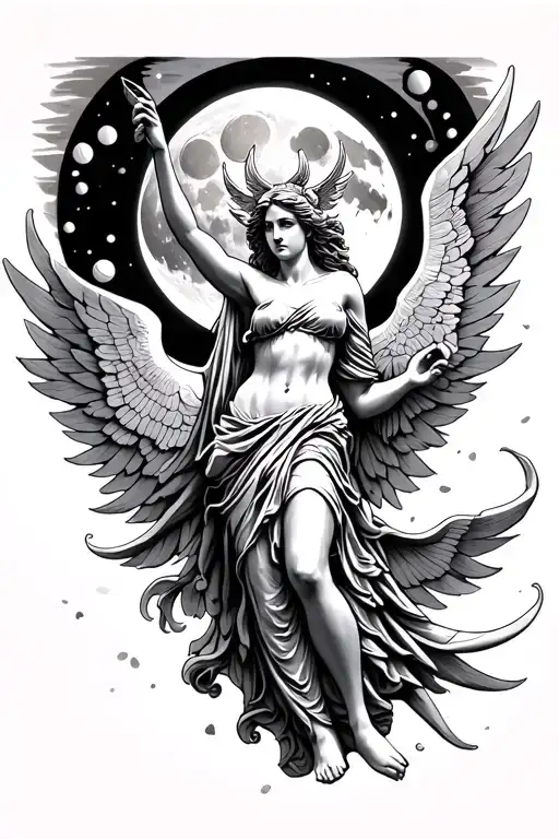 Nike Goddess of Victory with Moon phases tattoo design idea