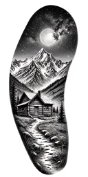 A mountain trail, with a log cabin ahead surrounded by mountains and a starry sky tattoo design idea