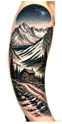 A mountain trail, with a log cabin ahead surrounded by mountains and a starry sky tattoo design idea