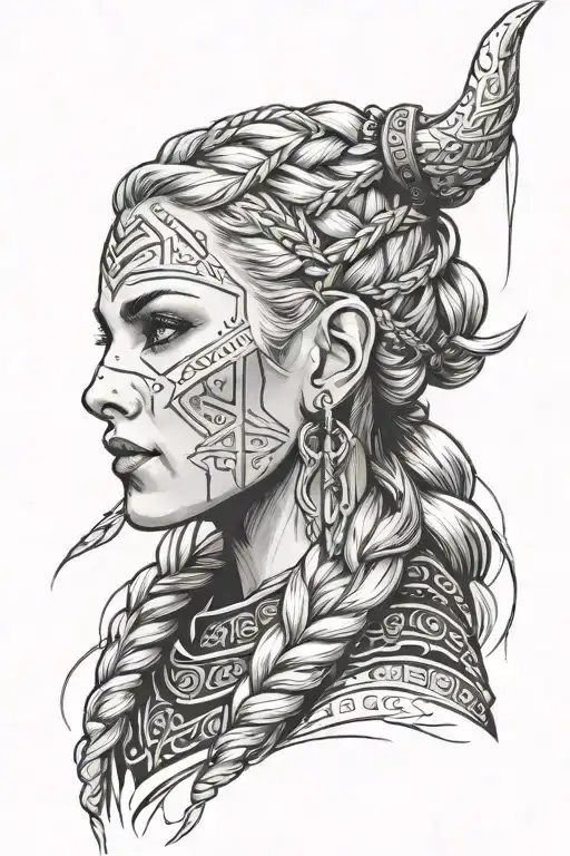 blonde viking woman face profil braids, big ear rings tattoo design idea