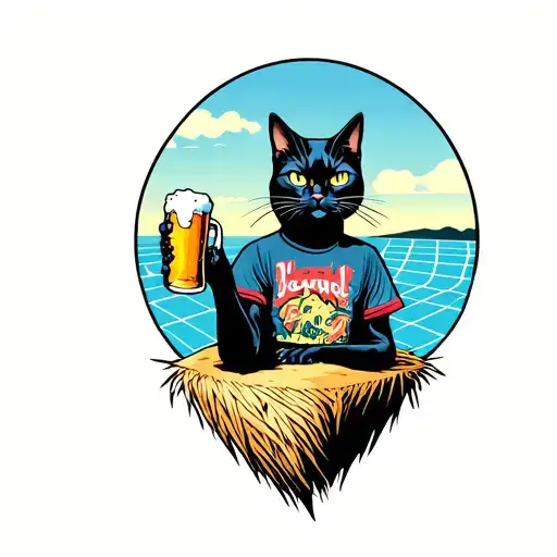 A tattoo with a black cat wearing an avant -garde shirt in front of a solar island holding a beer in the hay tattoo design idea