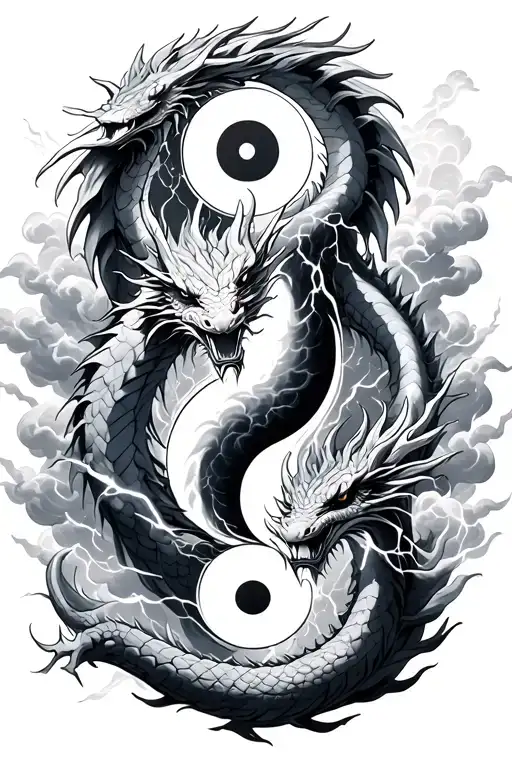 leviathan, virgo, typhoon, clouds, dragon fighting, midgar background, manlike body, storm, lightning yin and yang tattoo design idea