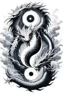 leviathan, virgo, typhoon, clouds, dragon fighting, midgar background, manlike body, storm, lightning yin and yang tattoo design idea