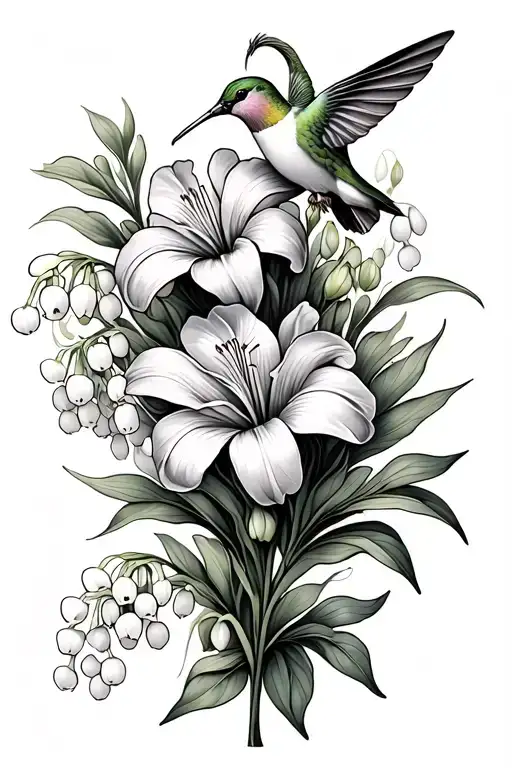 Hawthorne flower, lily of the valley, iris and hummingbird for upper arm sleeve  tattoo design idea
