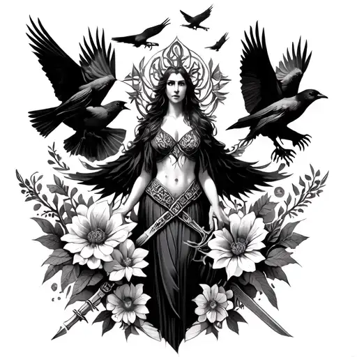 an image of the Celtic Goddess, the Morrigan. Surrounded by her associated flowers, weapons and multiple flying crows.  tattoo design idea