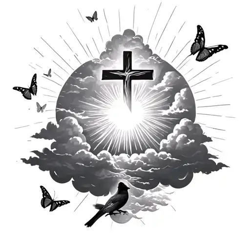 Cross With Clouds, Sun Rays, A Cardinal Below The Cross And Butterflies Within The Clouds Tattoo tattoo design idea