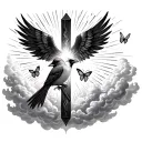 Cross With Clouds, Sun Rays, A Cardinal Below The Cross And Butterflies Within The Clouds Tattoo tattoo design idea