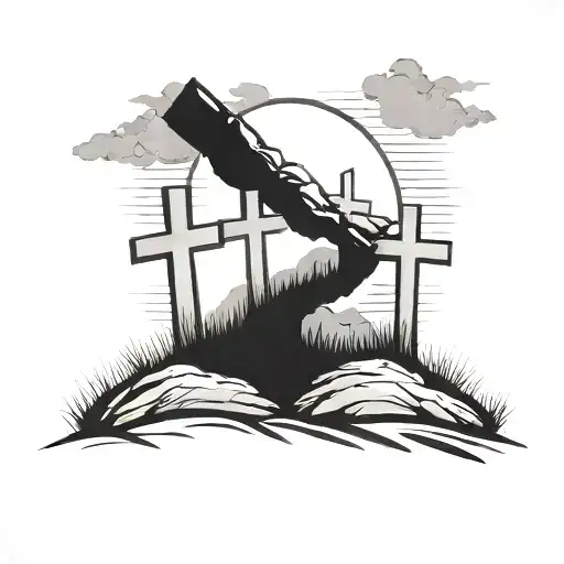 3 crosses on a hill with the middle one sticking out more (replica of Jesus dying story )simplistic design with clouds  tattoo design idea