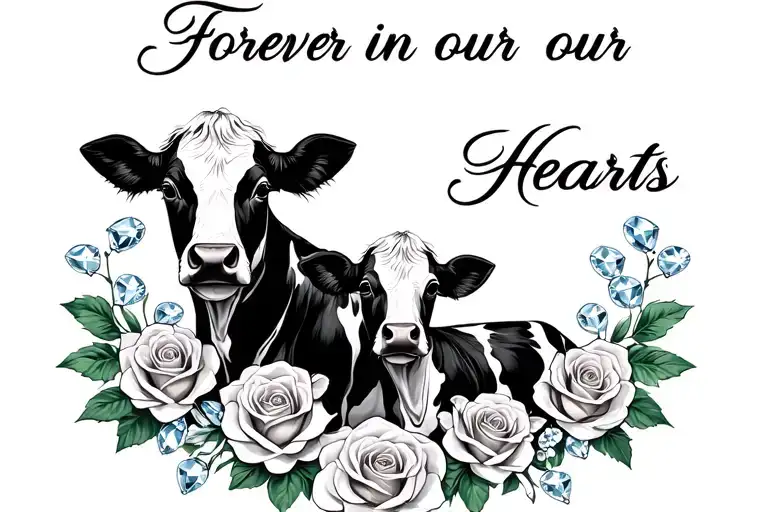 "Forever in our Hearts " "Forever in our Hearts " "Forever in our Hearts " Roses, diamonds,cow, and baby cow  tattoo design idea