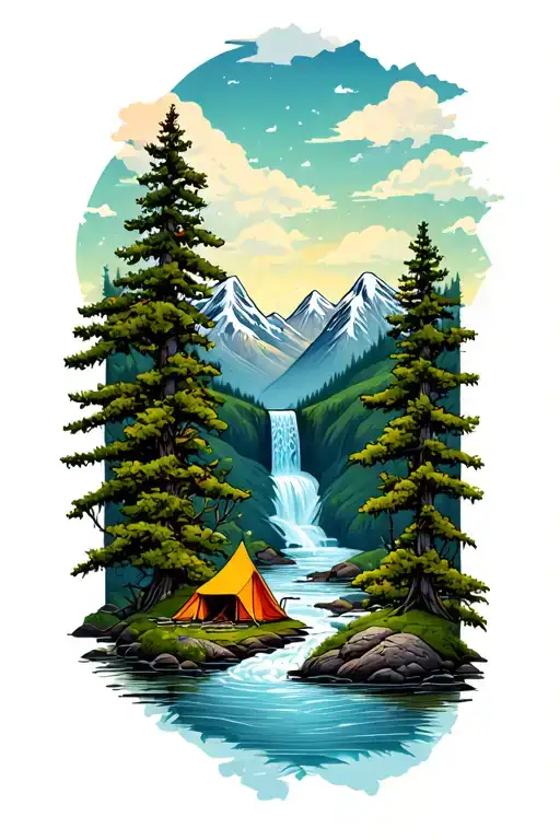 campsite scene on waterfall with river moose trees and mountains tattoo design idea