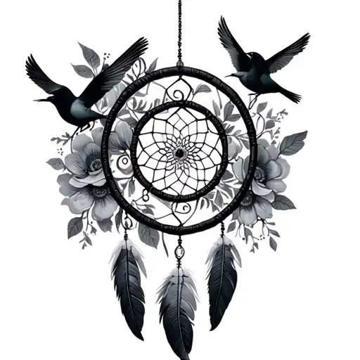 dream catcher with alot of flowers swirls and 4 birds tattoo design idea