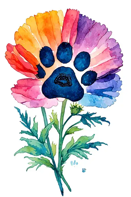 Marigold and poppy flower with dog paw print tattoo design idea