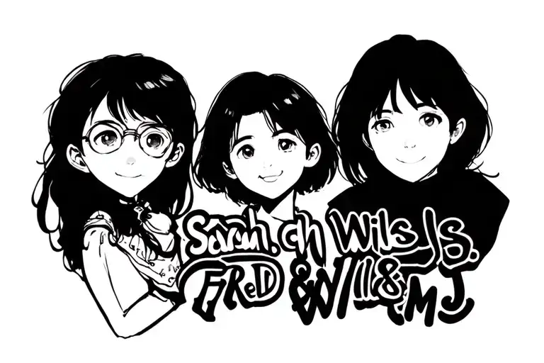 "Fred, Sarah, Wills & MJ" childs names subtly incorporated tattoo design idea