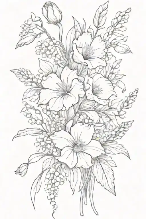 poppy and daisy and gladiolus and lily of the valley flower bouquet  tattoo design idea