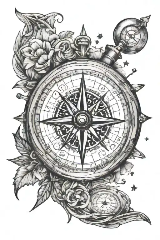compass, time piece, Pleiades stars, hard and good times, growth, thot, wisdom, gratitude tattoo design idea