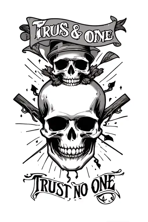 trust no one skull and dager scary American traditional black and grey tattoo design idea