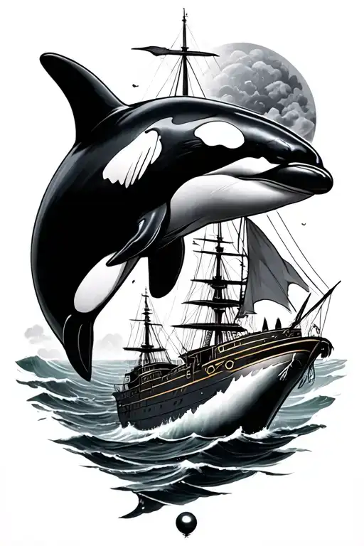 if the ocean was a woman, tasteful nude with the black pearl ship, an orca, and a great white tattoo design idea