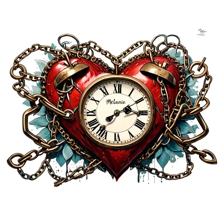 "Mélanie" clock heart chains tattoo design idea