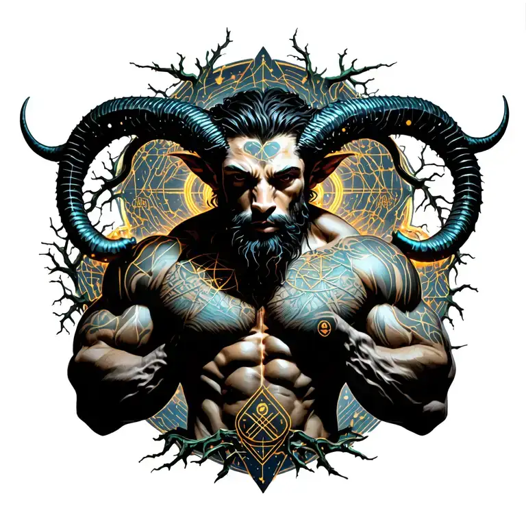 sexy gay male horned satyr with massive bodybuilder muscles flex. cyber tree roots, vines and constellations tattoo design idea