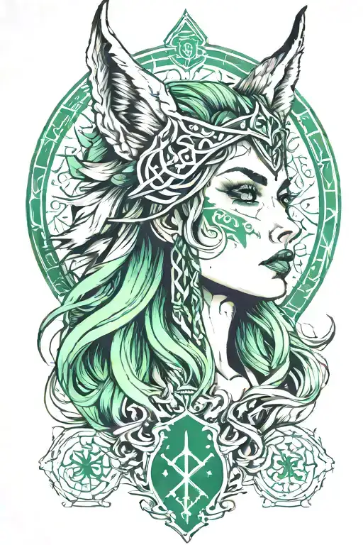 a portrait style tattoo of the goddess Hel, with the wolf head of Fenrir. include Norse runes & ethereal green tattoo design idea