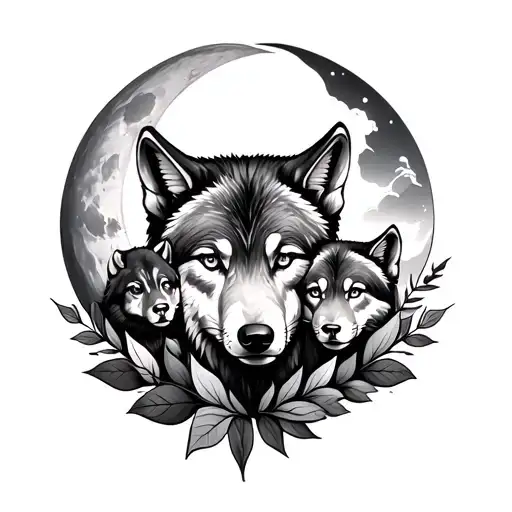mother wolf and two cubs tattoo with moon and leaves  tattoo design idea