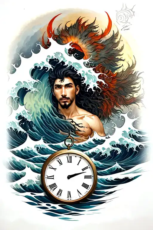 posiedon with a wave or clock underneath and sunwukong  tattoo design idea